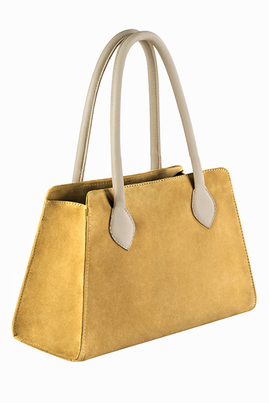 Mustard yellow and champagne white women's dress handbag, matching pumps and belts. Worn view - Florence KOOIJMAN