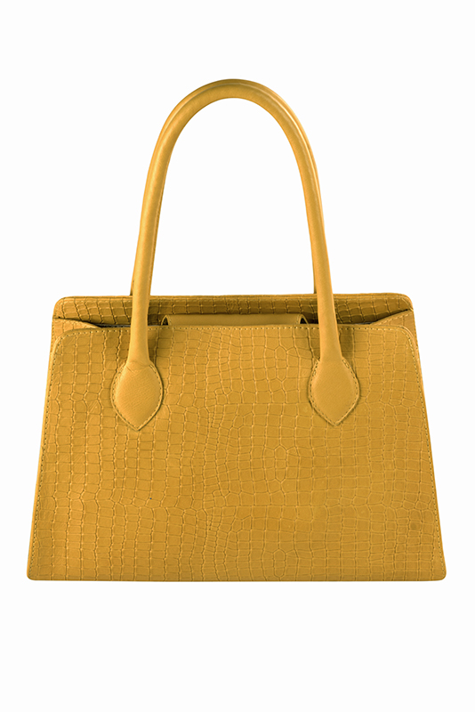Mustard yellow women's dress handbag, matching pumps and belts. Top view - Florence KOOIJMAN