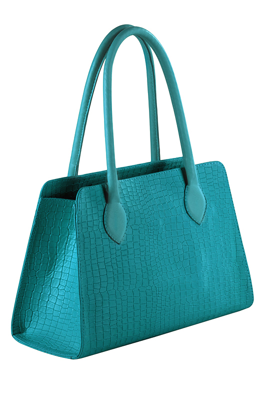 Turquoise blue women's dress handbag, matching pumps and belts. Top view - Florence KOOIJMAN