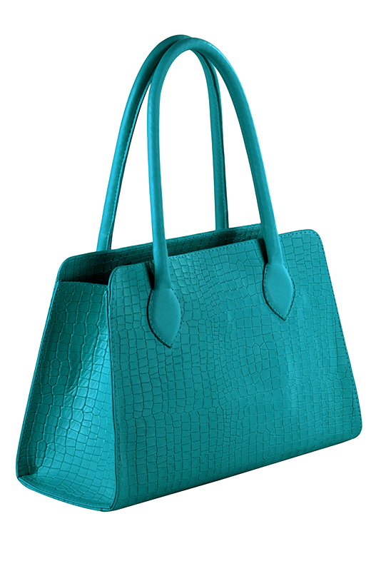 Turquoise blue women's dress handbag, matching pumps and belts. Worn view - Florence KOOIJMAN