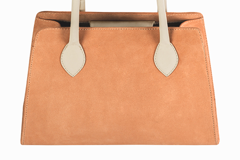 Marigold orange and champagne white women's dress handbag, matching pumps and belts. Profile view - Florence KOOIJMAN