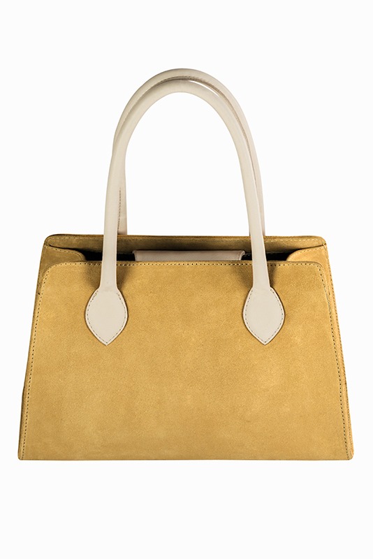 Mustard yellow and champagne white women's dress handbag, matching pumps and belts. Top view - Florence KOOIJMAN