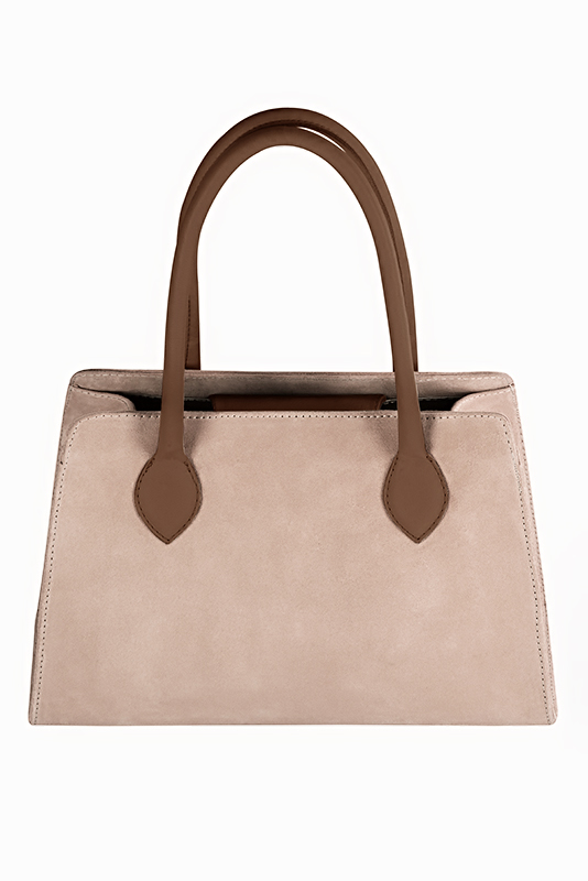 Powder pink and caramel brown women's dress handbag, matching pumps and belts. Top view - Florence KOOIJMAN