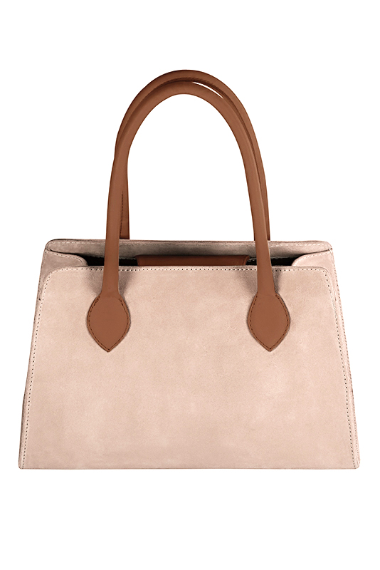 Powder pink and caramel brown women's dress handbag, matching pumps and belts. Top view - Florence KOOIJMAN