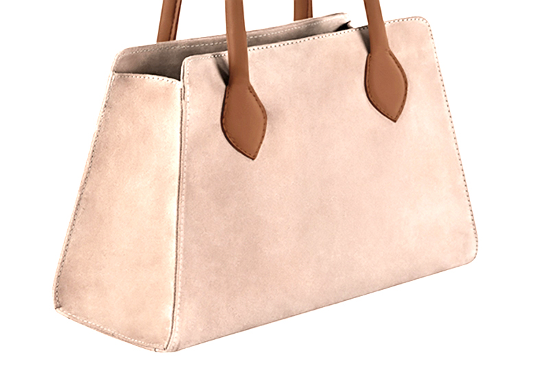 French elegance and refinement for this powder pink and caramel brown medium dress handbag, 
                available in many subtle leather and colour combinations. This charming "Cabas" bag is of sufficient volume.
Inside, 2 pockets on one side and a large zipped pocket on the other.
The handles can be carried by hand or on the shoulder. 
                Matching pumps, strap shoes and sandals.    
                You can customize this handbag to perfectly match your tastes or needs, and have a unique model.  
                Choice of leathers and colours. 
                Wide range of materials and shades carefully chosen.