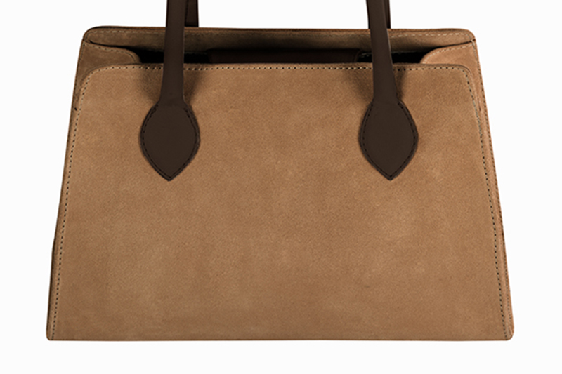 Camel beige and dark brown women's medium dress handbag, matching pumps and belts - Florence KOOIJMAN