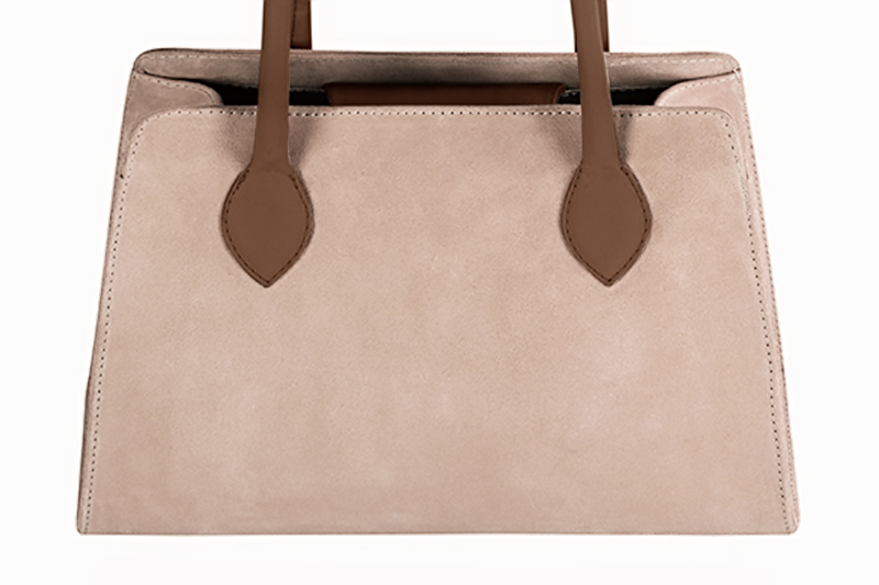 Powder pink and caramel brown women's dress handbag, matching pumps and belts. Profile view - Florence KOOIJMAN