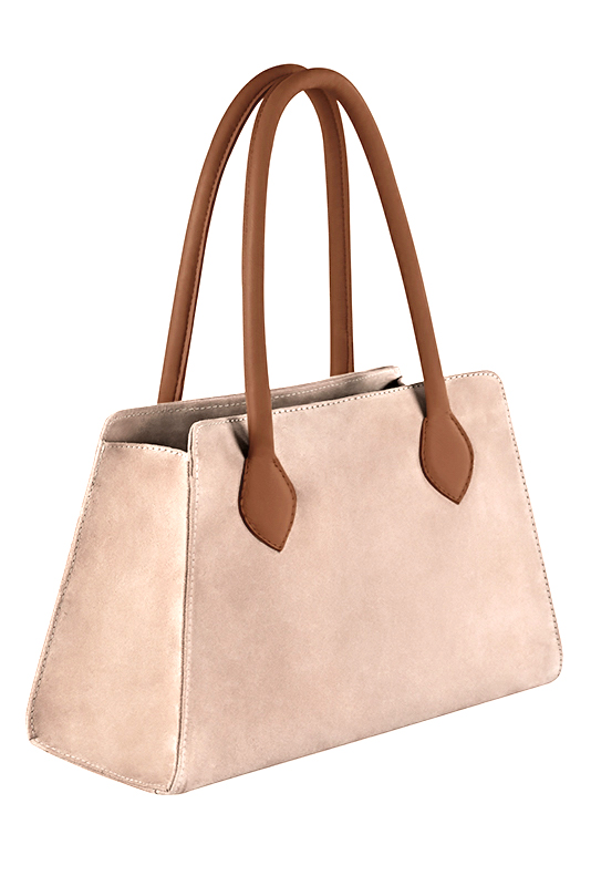 Powder pink and caramel brown women's dress handbag, matching pumps and belts. Worn view - Florence KOOIJMAN