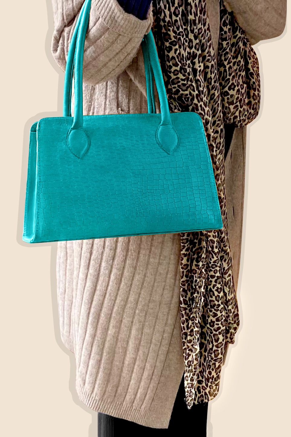 Turquoise blue women's dress handbag, matching pumps and belts. Worn view - Florence KOOIJMAN