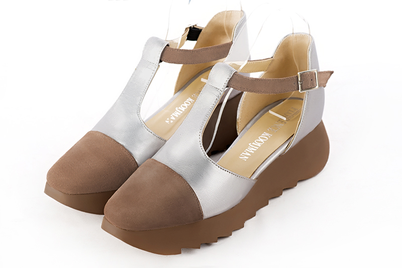 Chocolate brown and light silver women's open side shoes, with an instep strap. Square toe. Low rubber soles. Front view - Florence KOOIJMAN