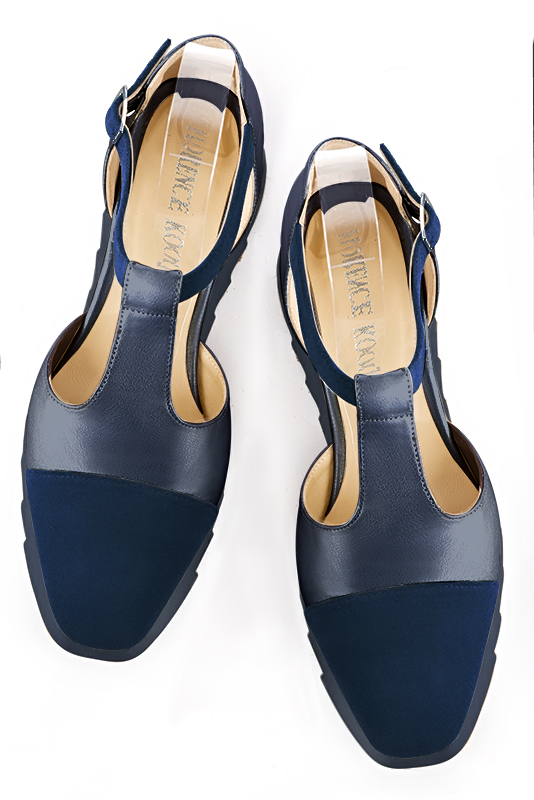 Navy blue women's open side shoes, with an instep strap. Square toe. Low rubber soles. Top view - Florence KOOIJMAN