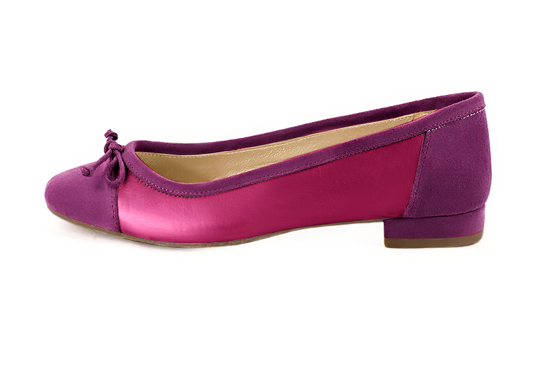 Mulberry purple and fuschia pink women's ballet pumps, with low heels. Round toe. Flat block heels. Profile view - Florence KOOIJMAN