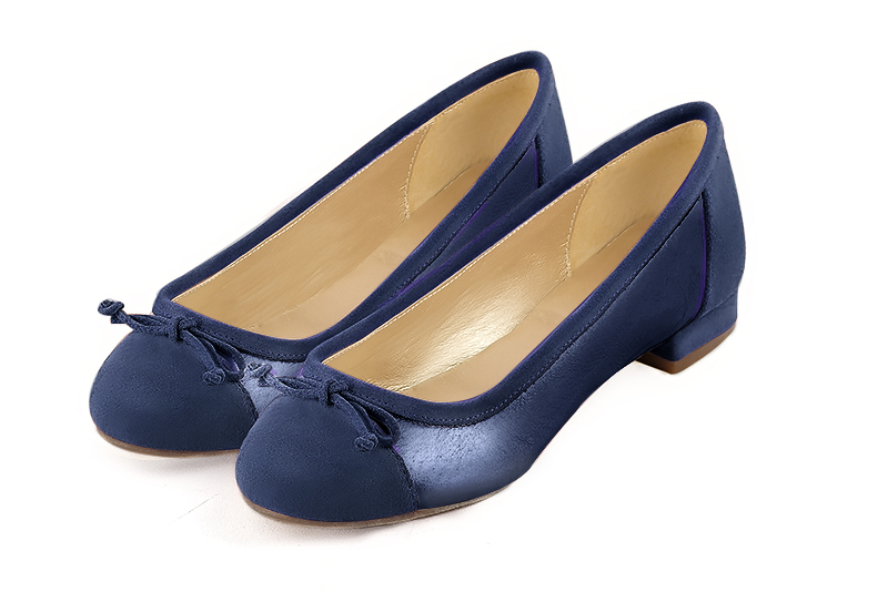 Prussian blue women's ballet pumps, with low heels. Round toe. Flat block heels. Front view - Florence KOOIJMAN