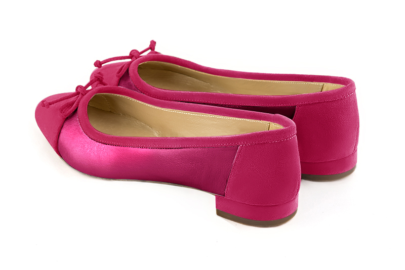 Fuschia pink women's ballet pumps, with low heels. Round toe. Flat block heels. Rear view - Florence KOOIJMAN