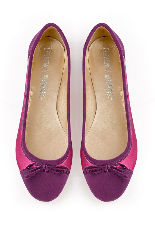 Mulberry purple and fuschia pink women's ballet pumps, with low heels. Round toe. Flat block heels. Top view - Florence KOOIJMAN