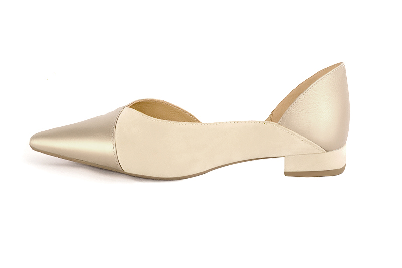 Gold and champagne beige women's open arch dress pumps. Pointed toe. Flat flare heels. Profile view - Florence KOOIJMAN