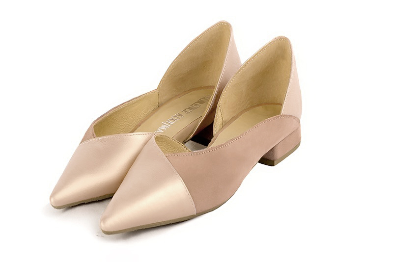 Gold and biscuit beige women's open arch dress pumps. Pointed toe. Flat flare heels. Front view - Florence KOOIJMAN