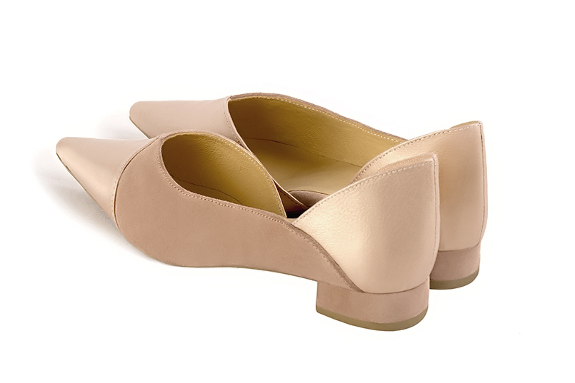 Gold and biscuit beige women's open arch dress pumps. Pointed toe. Flat flare heels. Rear view - Florence KOOIJMAN