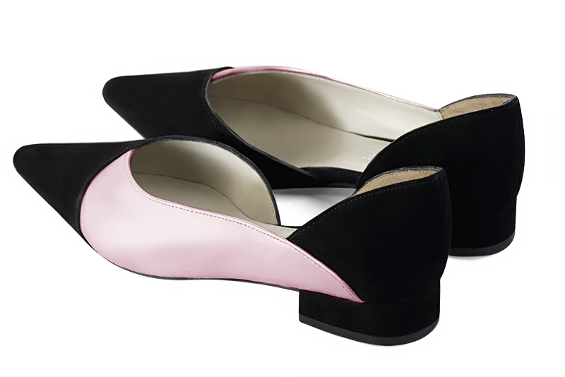Matt black and light pink women's open arch dress pumps. Pointed toe. Flat block heels. Rear view - Florence KOOIJMAN