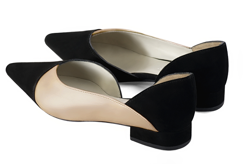 Matt black and gold women's open arch dress pumps. Pointed toe. Flat block heels. Rear view - Florence KOOIJMAN