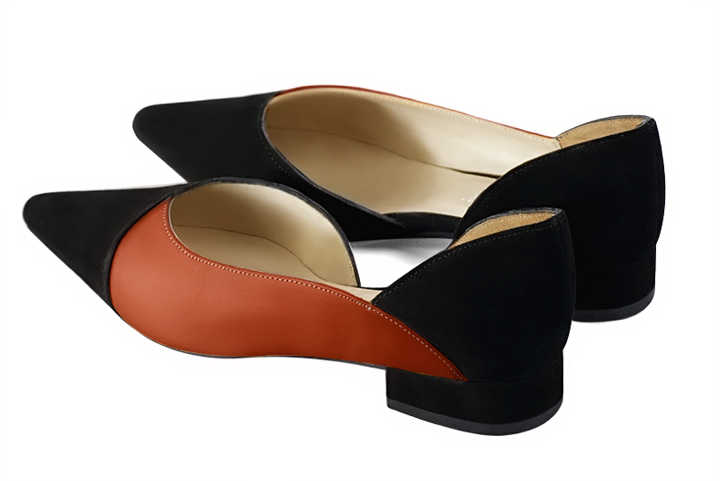 Matt black and terracotta orange women's open arch dress pumps. Pointed toe. Flat block heels. Rear view - Florence KOOIJMAN