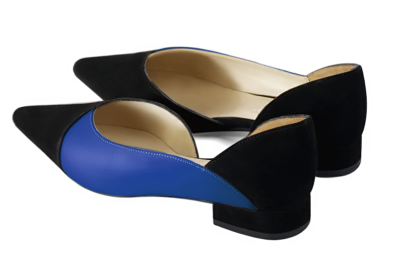 Matt black and electric blue women's open arch dress pumps. Pointed toe. Flat block heels. Rear view - Florence KOOIJMAN
