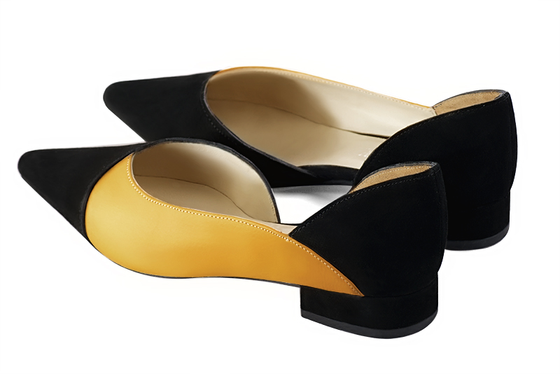 Matt black and mustard yellow women's open arch dress pumps. Pointed toe. Flat block heels. Rear view - Florence KOOIJMAN