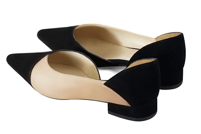 Matt black and champagne beige women's open arch dress pumps. Pointed toe. Flat block heels. Rear view - Florence KOOIJMAN