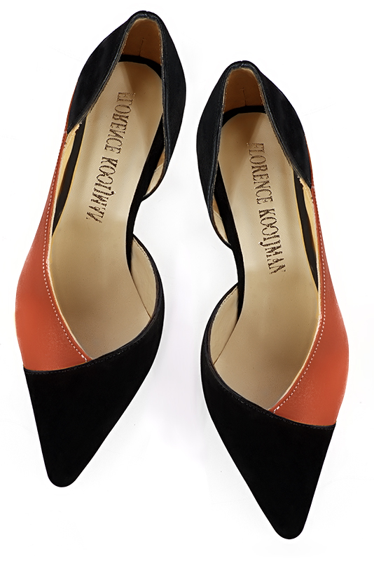 Matt black and terracotta orange women's open arch dress pumps. Pointed toe. Flat block heels. Top view - Florence KOOIJMAN