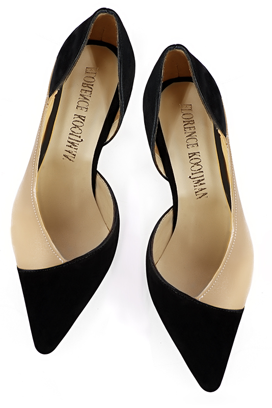 Matt black and champagne beige women's open arch dress pumps. Pointed toe. Flat block heels. Top view - Florence KOOIJMAN
