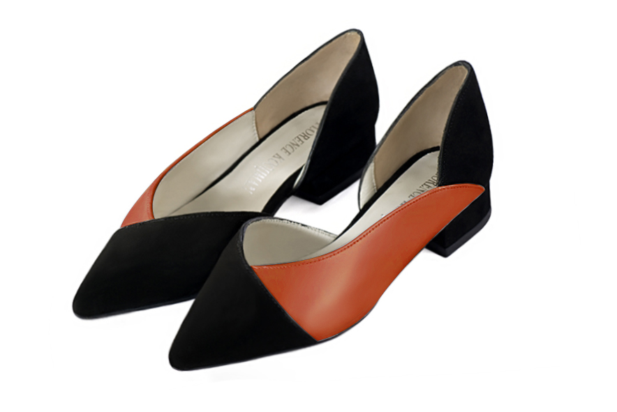 Matt black and terracotta orange women's open arch dress pumps. Pointed toe. Flat block heels. Front view - Florence KOOIJMAN