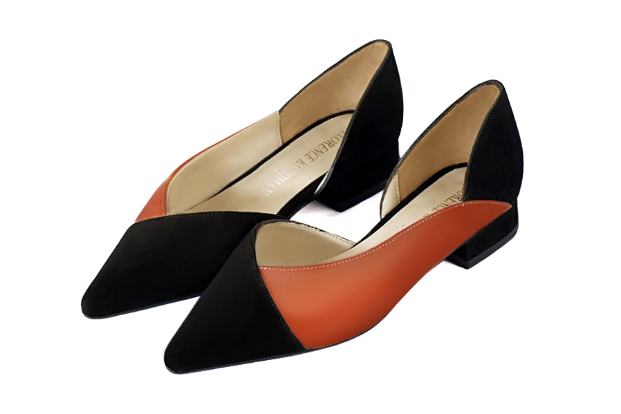 Matt black and terracotta orange women's open arch dress pumps. Pointed toe. Flat block heels. Front view - Florence KOOIJMAN