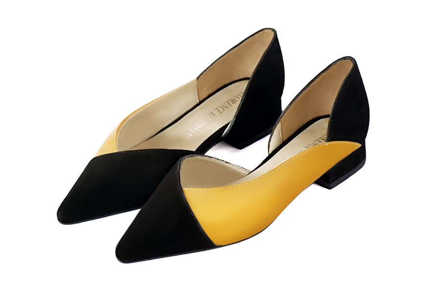 Matt black and mustard yellow women's open arch dress pumps. Pointed toe. Flat block heels. Front view - Florence KOOIJMAN