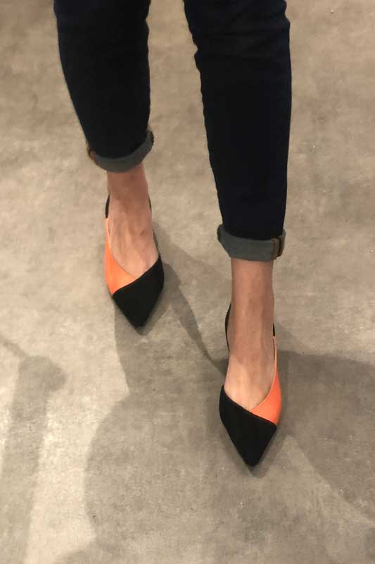 Matt black and terracotta orange women's open arch dress pumps. Pointed toe. Flat block heels. Worn view - Florence KOOIJMAN
