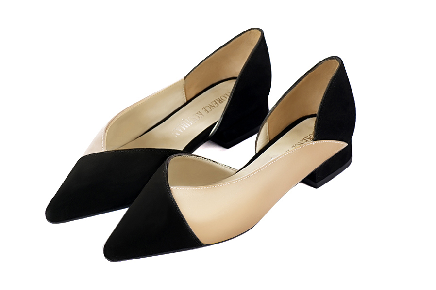 Matt black and champagne beige women's open arch dress pumps. Pointed toe. Flat block heels. Front view - Florence KOOIJMAN