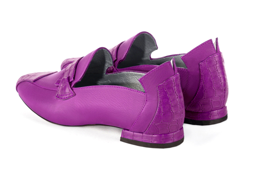 Mauve purple women's fashion loafers. Round toe. Flat block heels. Rear view - Florence KOOIJMAN