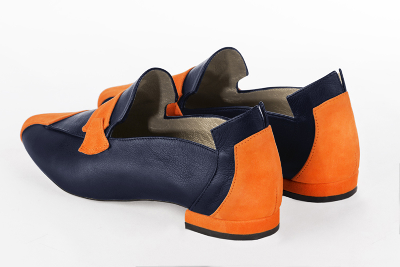 Apricot orange and navy blue women's fashion loafers. Round toe. Flat block heels. Rear view - Florence KOOIJMAN