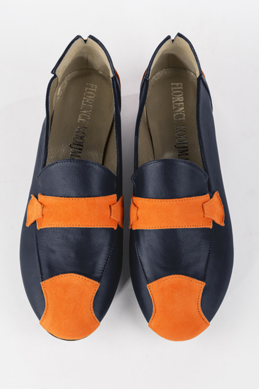 Apricot orange and navy blue women's fashion loafers. Round toe. Flat block heels. Top view - Florence KOOIJMAN