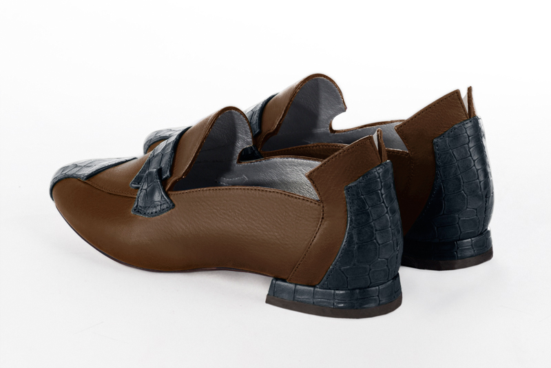 Denim blue and caramel brown women's fashion loafers. Round toe. Flat block heels. Rear view - Florence KOOIJMAN