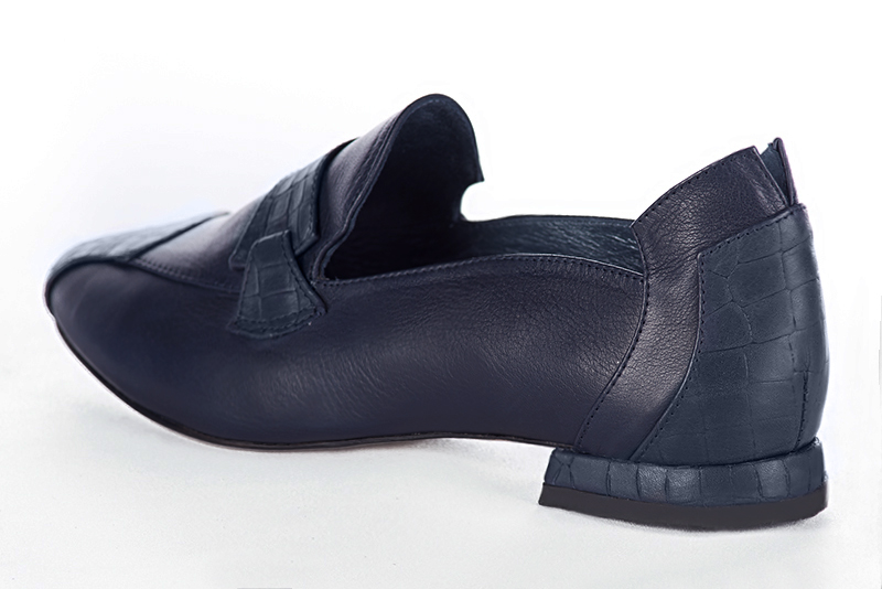 Navy blue women's fashion loafers. Round toe. Flat block heels. Rear view - Florence KOOIJMAN