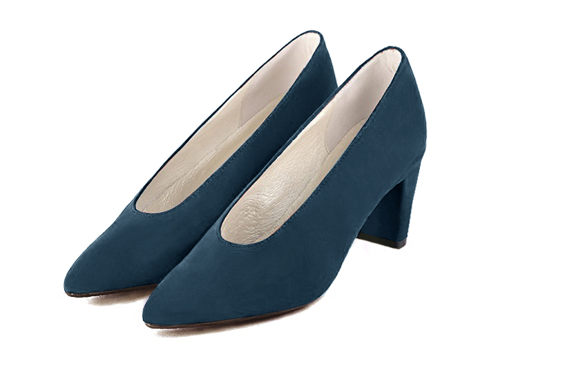 Peacock blue women's dress pumps, with a round neckline. Tapered toe. Medium comma heels. Front view - Florence KOOIJMAN