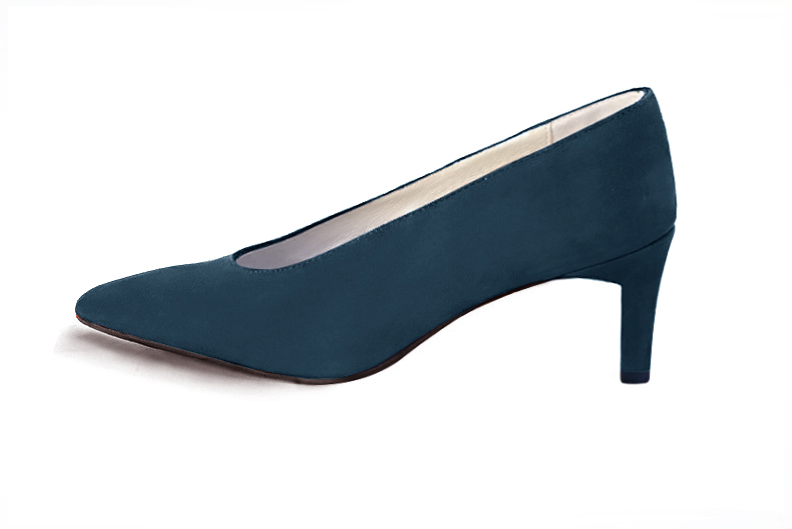 Peacock blue women's dress pumps, with a round neckline. Tapered toe. Medium comma heels. Profile view - Florence KOOIJMAN