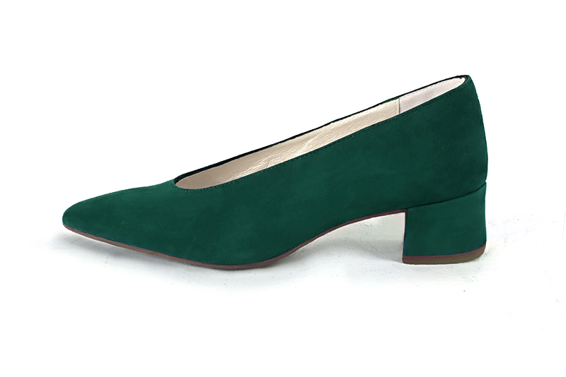 Forest green women's dress pumps, with a round neckline. Tapered toe. Low flare heels. Profile view - Florence KOOIJMAN