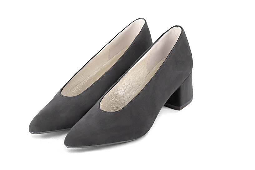 Dark grey women's dress pumps, with a round neckline. Tapered toe. Low flare heels. Front view - Florence KOOIJMAN