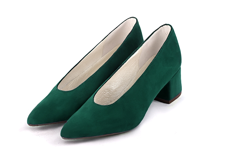 Forest green women's dress pumps, with a round neckline. Tapered toe. Low flare heels. Front view - Florence KOOIJMAN