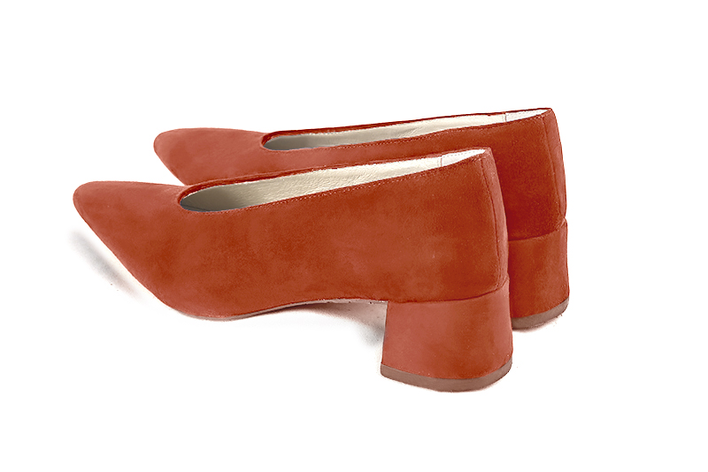 Terracotta orange women's dress pumps, with a round neckline. Tapered toe. Low flare heels. Rear view - Florence KOOIJMAN