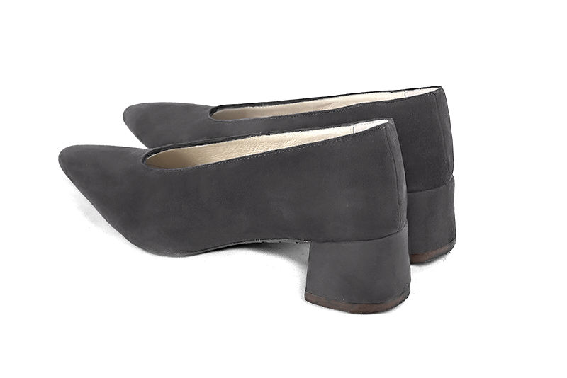Dark grey women's dress pumps, with a round neckline. Tapered toe. Low flare heels. Rear view - Florence KOOIJMAN
