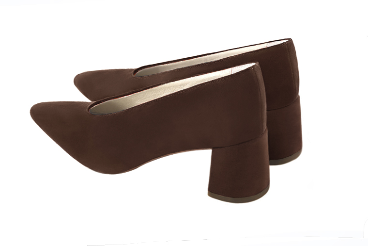 Dark brown women's dress pumps, with a round neckline. Tapered toe. Medium flare heels. Rear view - Florence KOOIJMAN