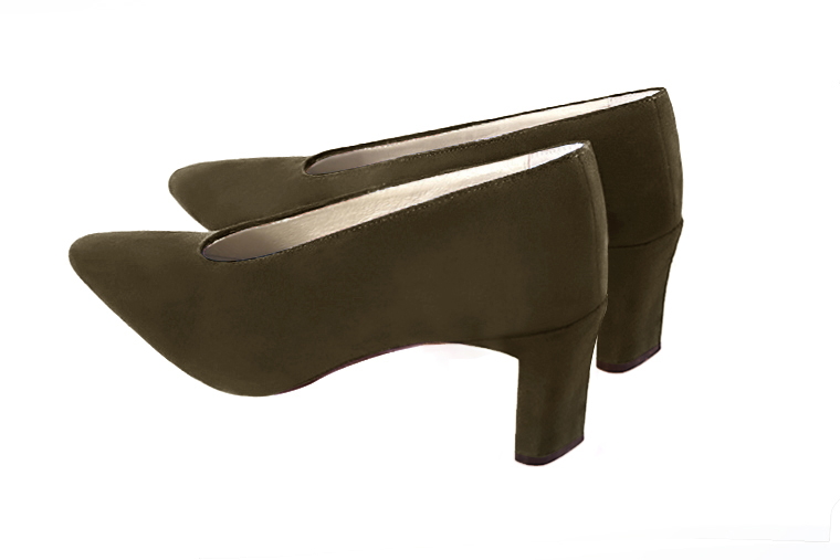 Khaki green women's dress pumps, with a round neckline. Tapered toe. Medium comma heels. Rear view - Florence KOOIJMAN