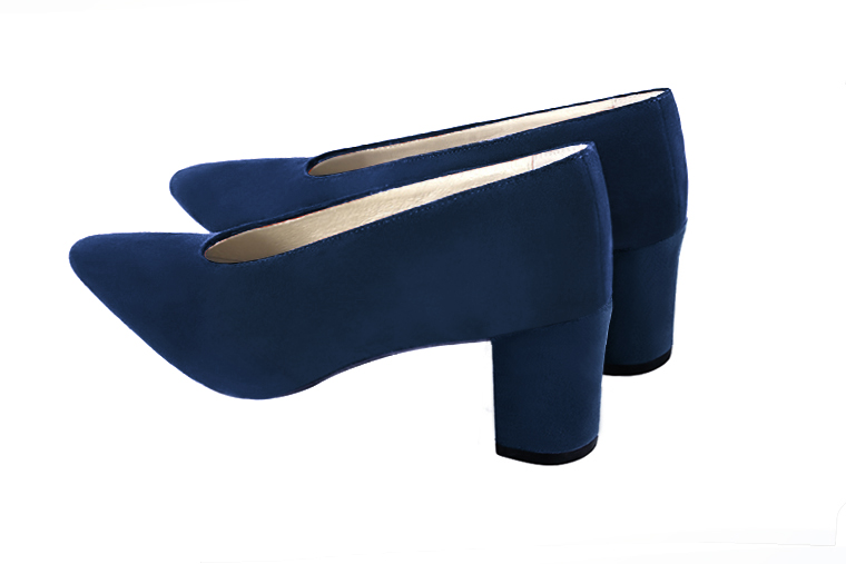 Navy blue women's dress pumps, with a round neckline. Tapered toe. Medium block heels. Rear view - Florence KOOIJMAN